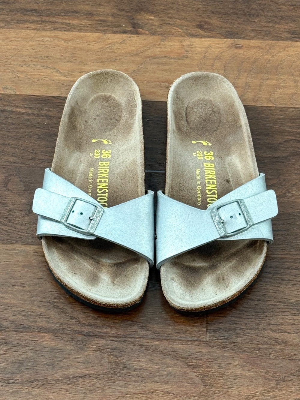 Birkenstock Madrid Metallic Silver Birko Flor Cork Slide Sandals Size 36